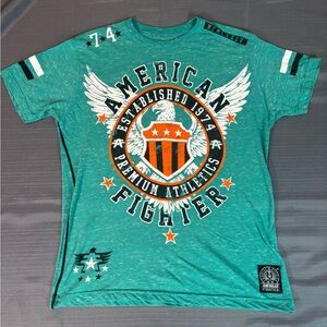 Affliction American Fighter Graphic T-Shirt – Men’s M – Teal Skull MMA Biker Tee